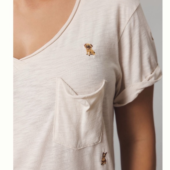 NWT Anthropologie The Lars Classic V-Neck Tee by T.La Embroidered Puppies L - Picture 9 of 11